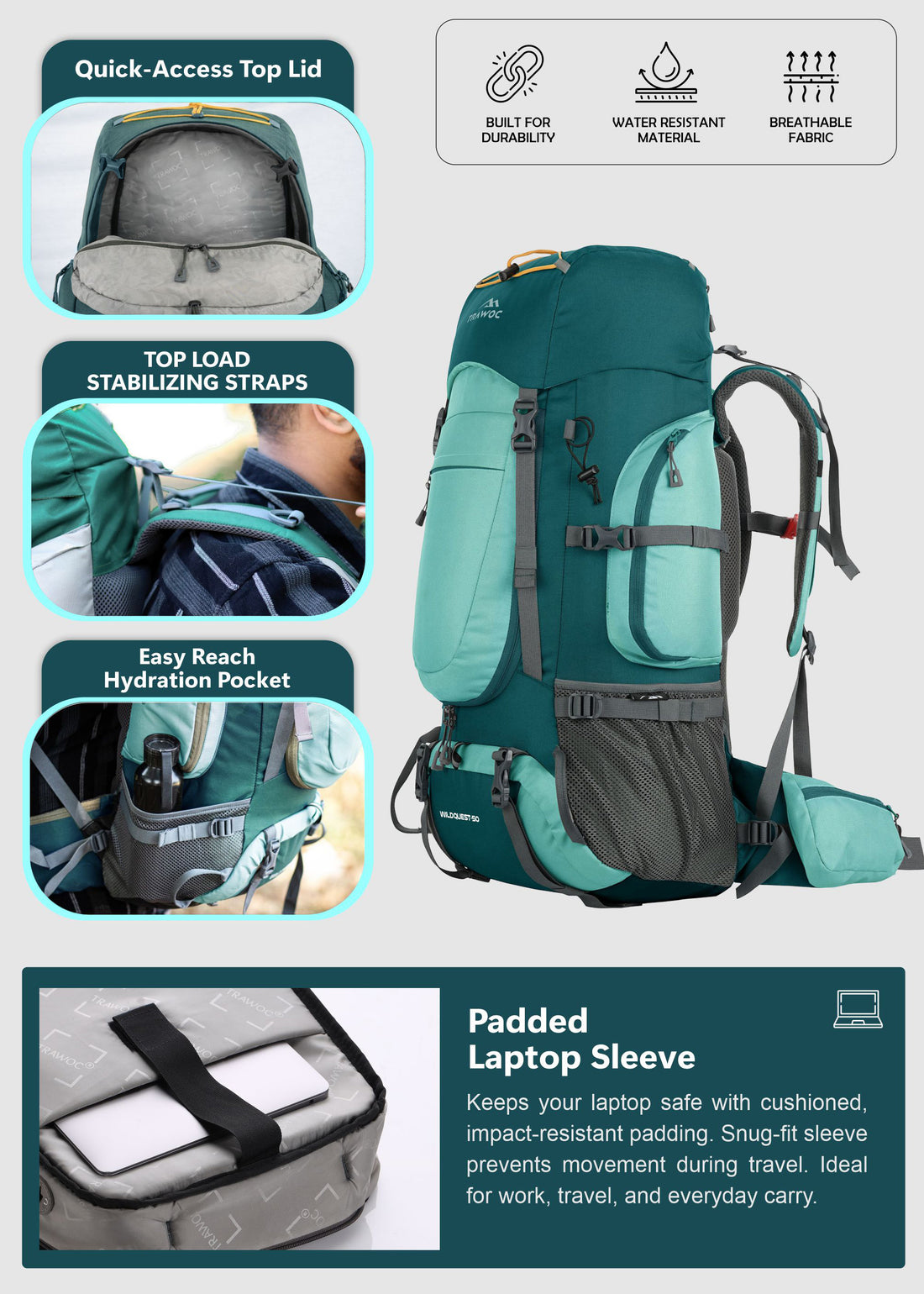 50l travel backpack growth WILDQUEST-50 Rucksack - TEAL BLUE |50L Capacity, Laptop Compartment, Rain Cover, Shoe Compartment Patagonia Planing Roll Top authenticated and the removable top Weight:1/4 Oz.