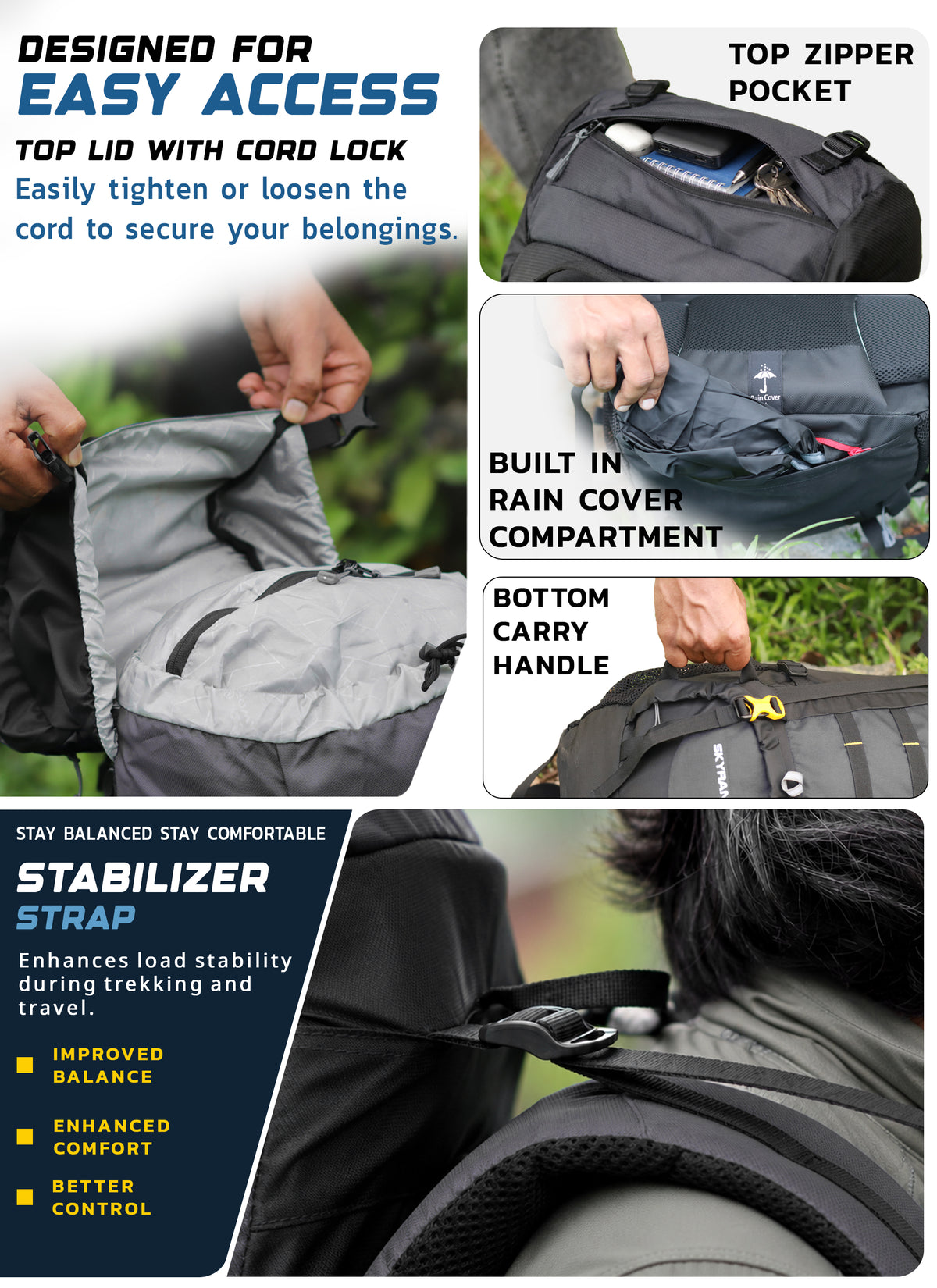 Skyranger 70 L Rucksack for Hiking & Travel with Ergonomic Shoulder Straps & Internal metal frame - Grey