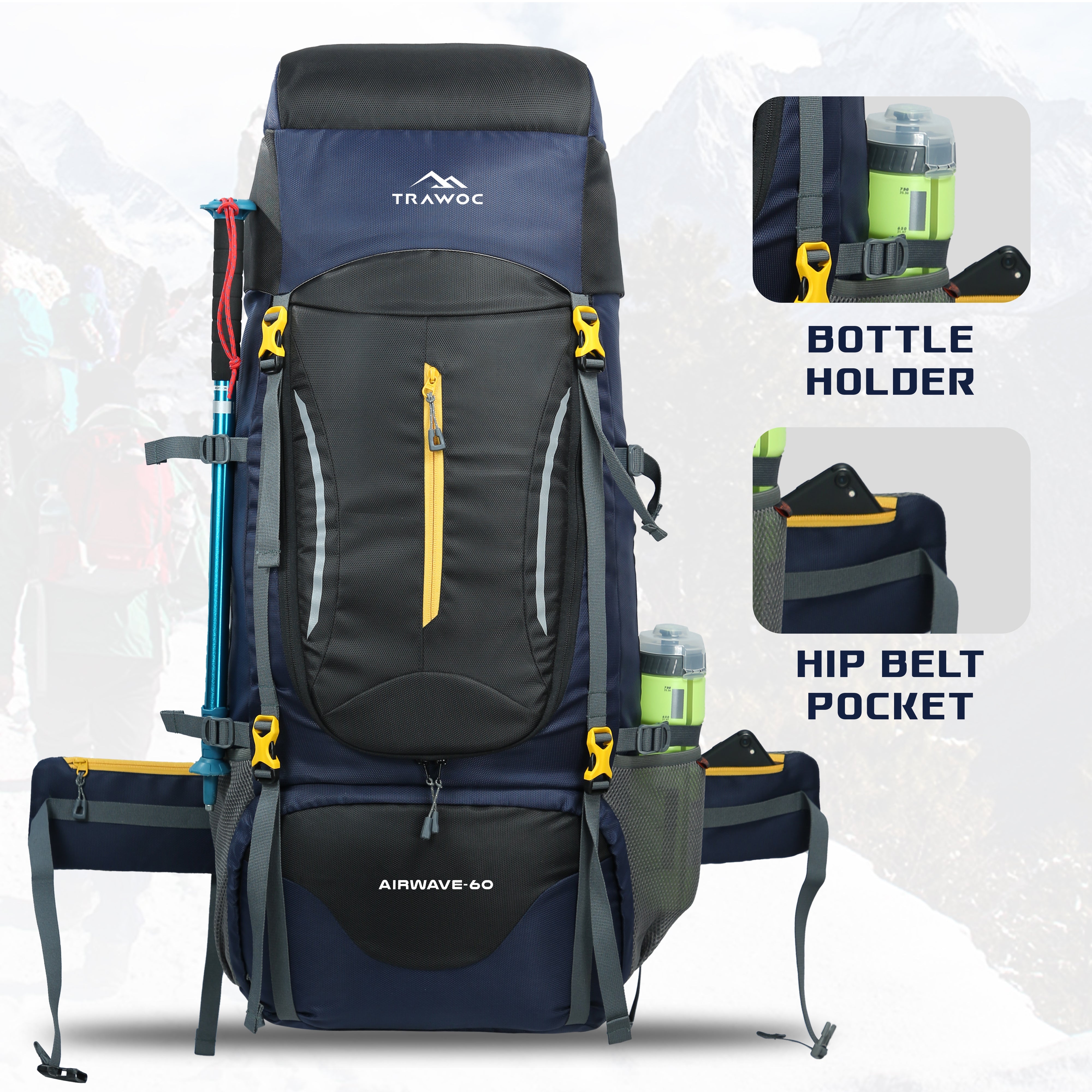Airwave 60L Travel Backpack with Laptop Compartment & Rain C – TRAWOC