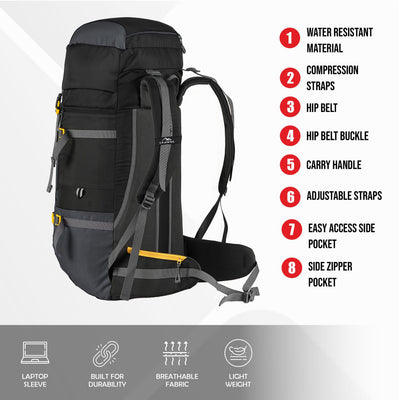 GRITMAX 55 L Front & Top Open Backpack for Hiking Trekking Bag for Men & Women with Rain Cover - Grey