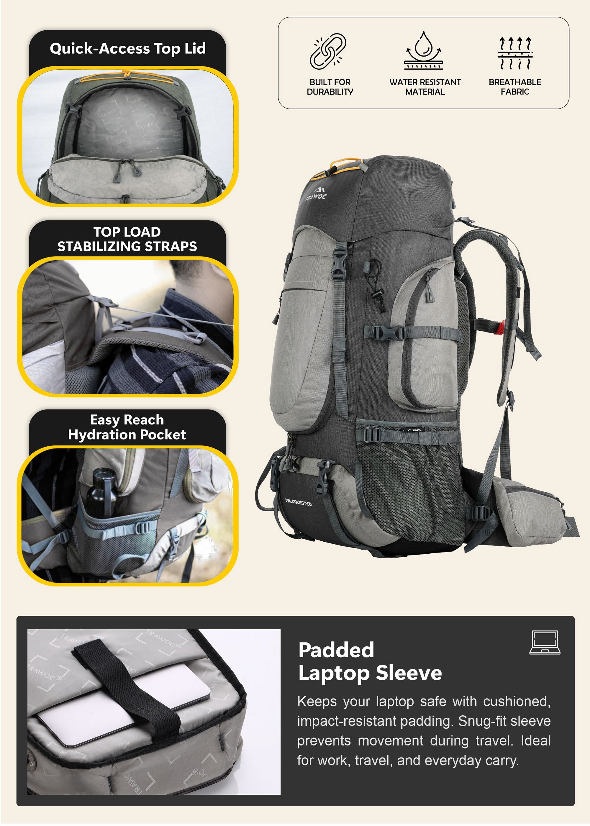 WILDQUEST-50 Rucksack - LAVA GREY |50L Capacity, Laptop Compartment, Rain Cover, Shoe Compartment WILDQUEST-50 Rucksack - LAVA GREY |50L Capacity, Laptop Compartment, Rain Cover, Shoe Compartment