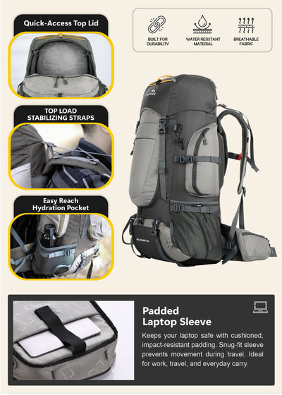 WILDQUEST 50L Travel Backpack  with Laptop Compartment, Rain Cover, Shoe Compartment-grey