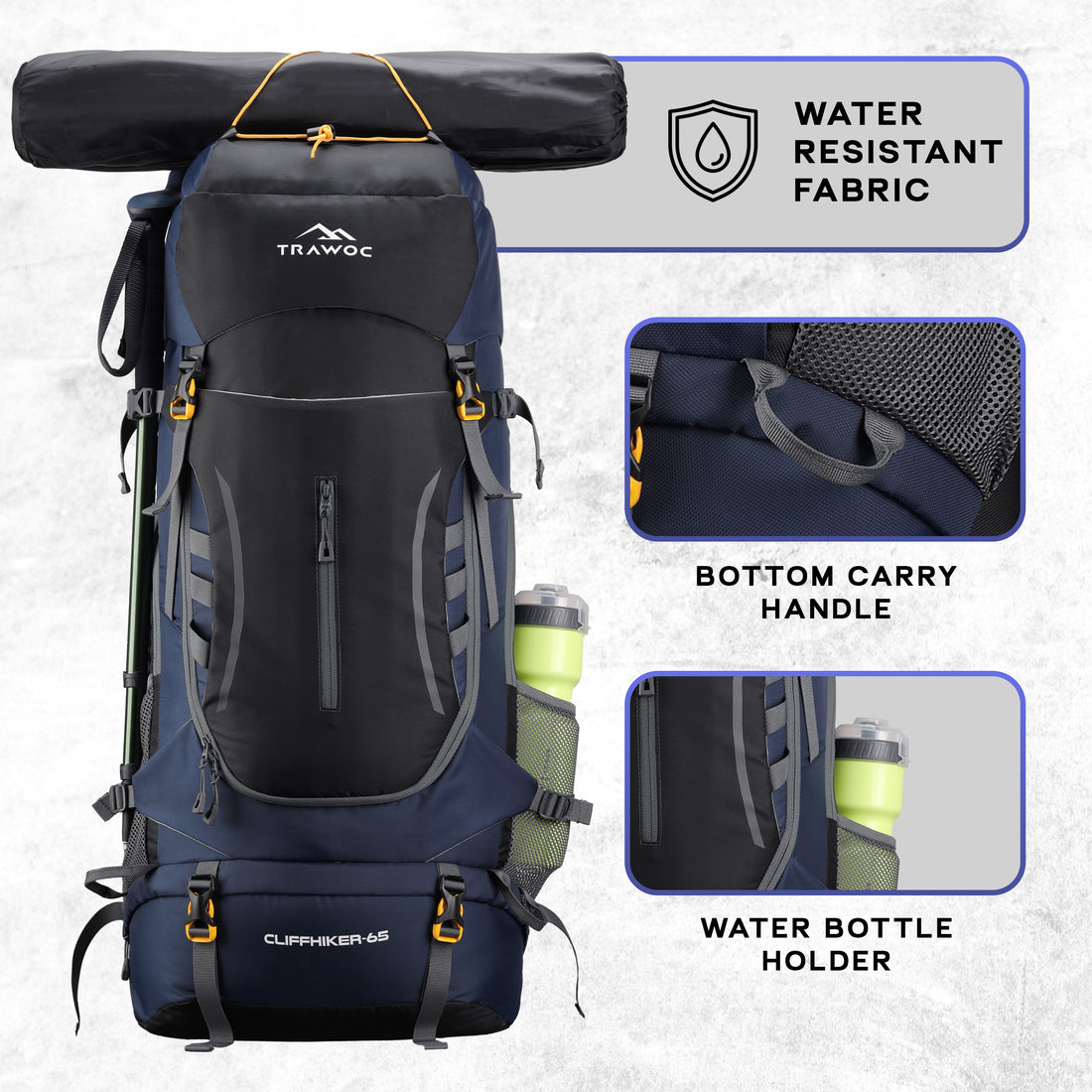 Cliffhiker 65 L Rucksack featuring with Durable Zippers & Laptop Compartment - Black