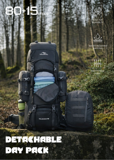 Wildwing 95L (80+15)  Bag for Hiking & Travel with Shoe Compartment & Water-Resistant-grey