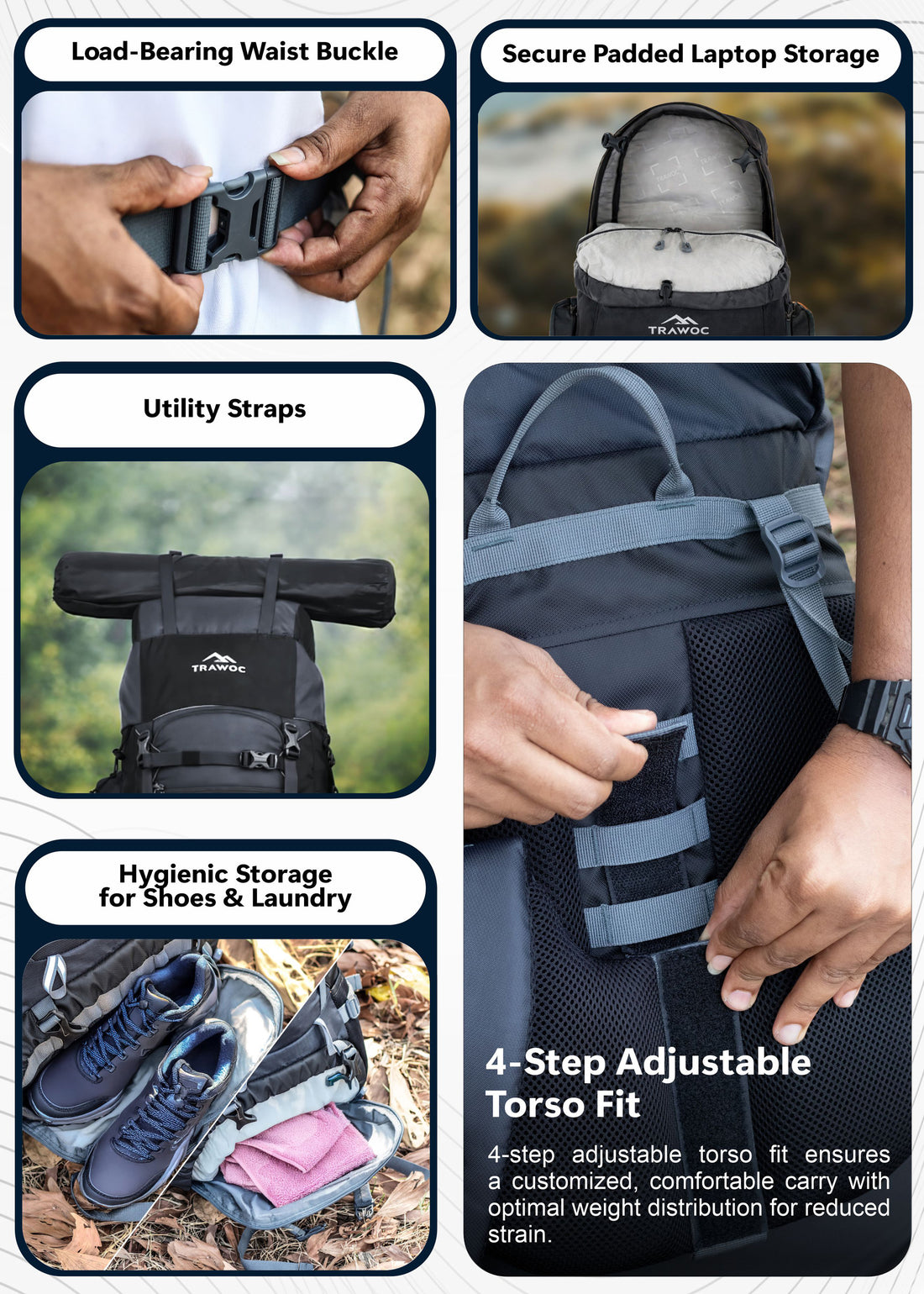 Trailmaster 80L Backpack for Hiking & Travel with Laptop Compartment & Multi-Pocket Design - Grey