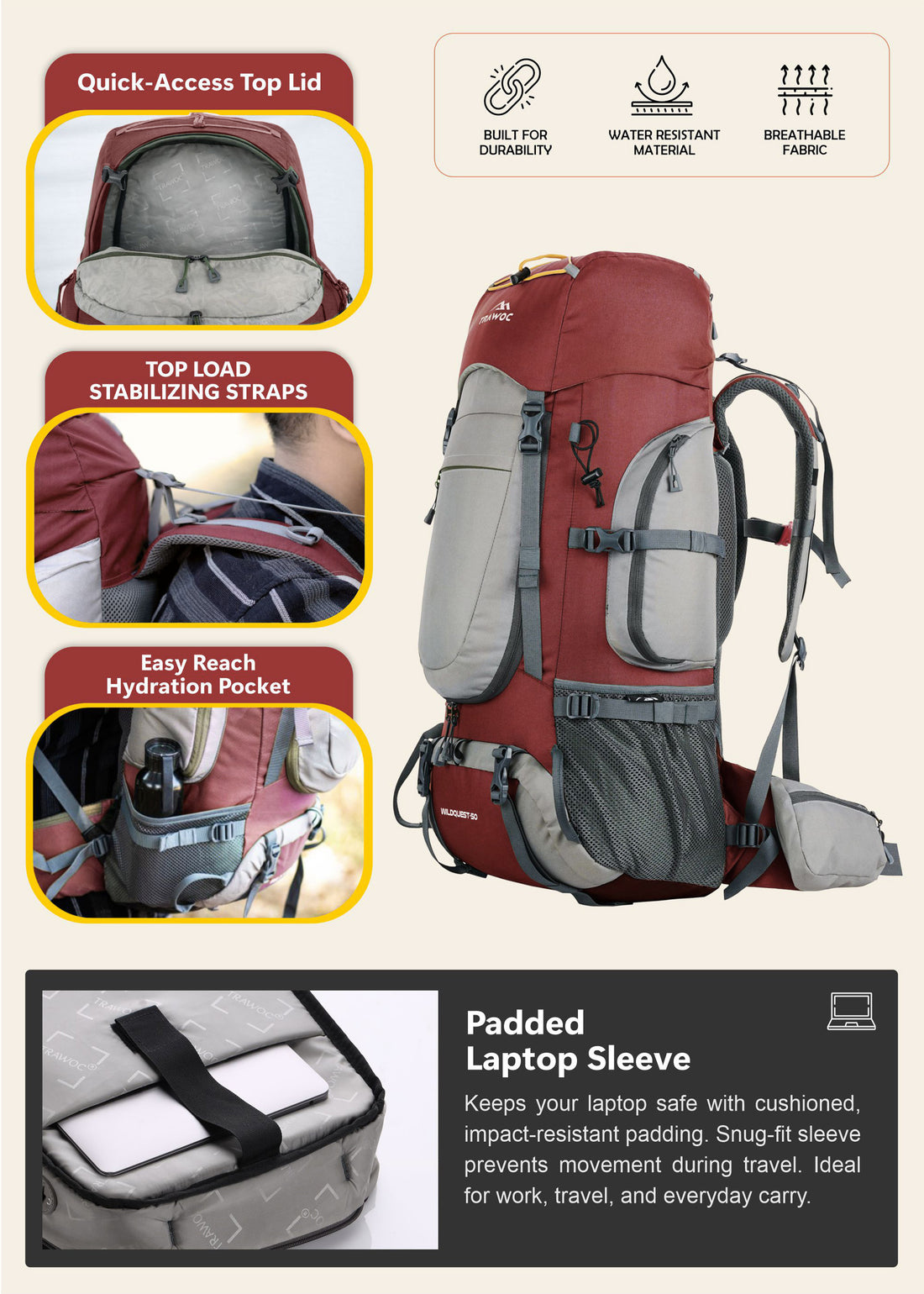 WILDQUEST 50L Travel Backpack with Laptop Compartment, Rain Cover, Shoe Compartment - Red