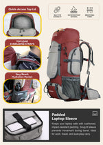 WILDQUEST 50L Travel Backpack with Laptop Compartment, Rain Cover, Shoe Compartment - Red