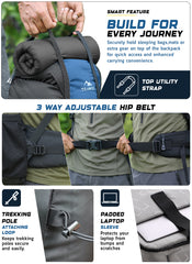 Skyranger 70 L Rucksack for Hiking & Travel with Ergonomic Shoulder Straps & Internal metal frame - NavyBlue