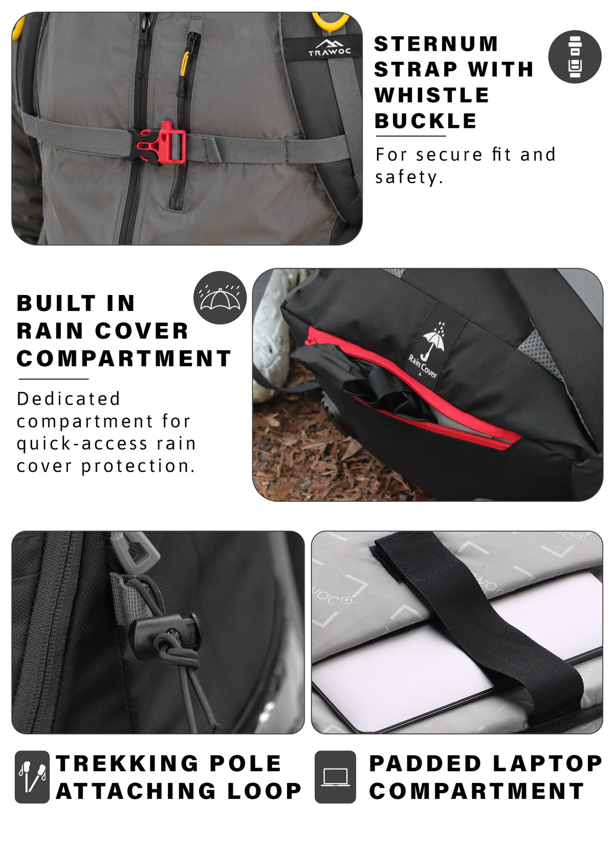 DYNAMITE 65L Travel Backpack with Rain Cover & Shoe Compartment - Grey