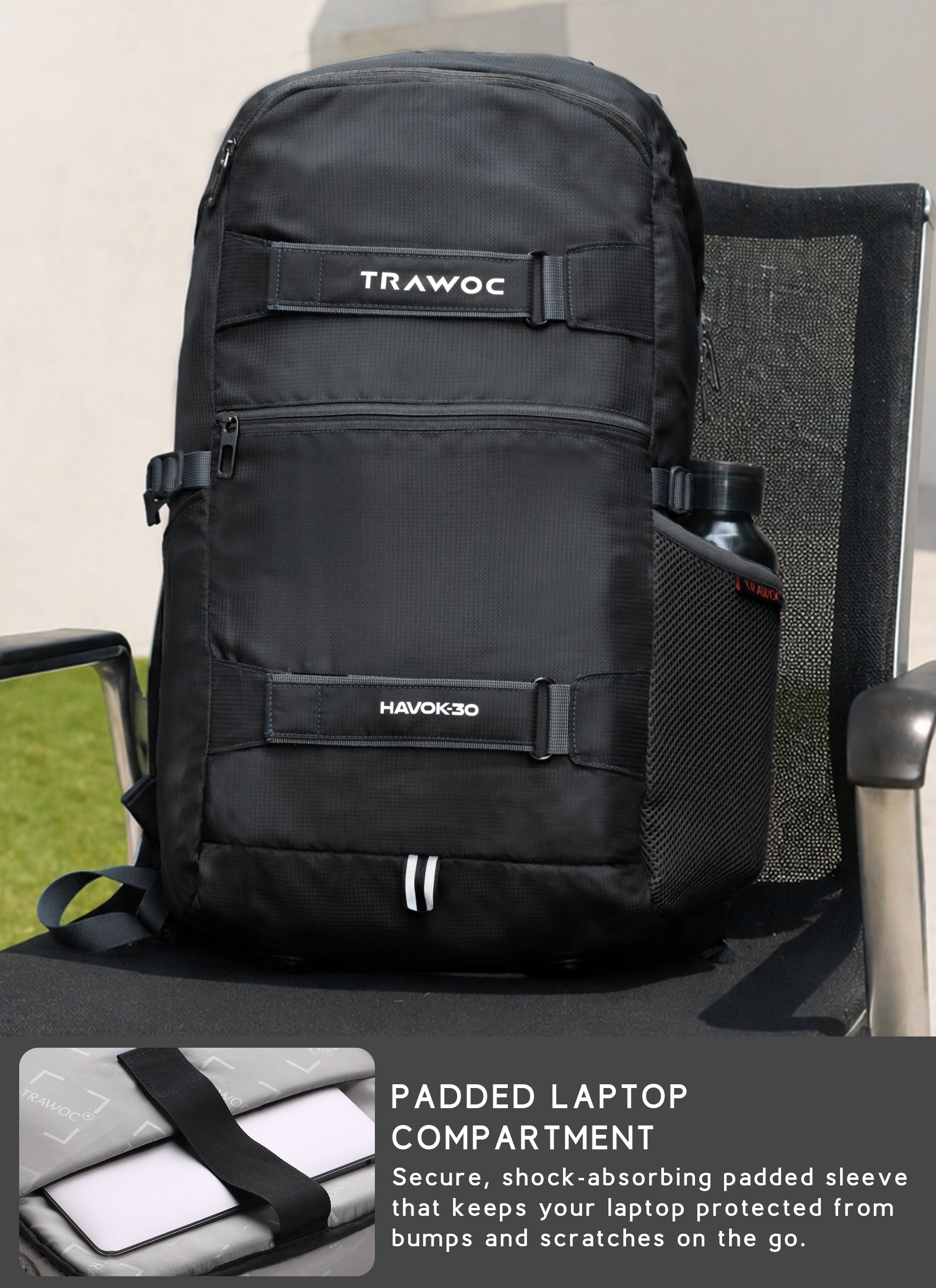 HAVOK 30L Unisex Laptop Backpack Ideal Travelling Casual use - Black