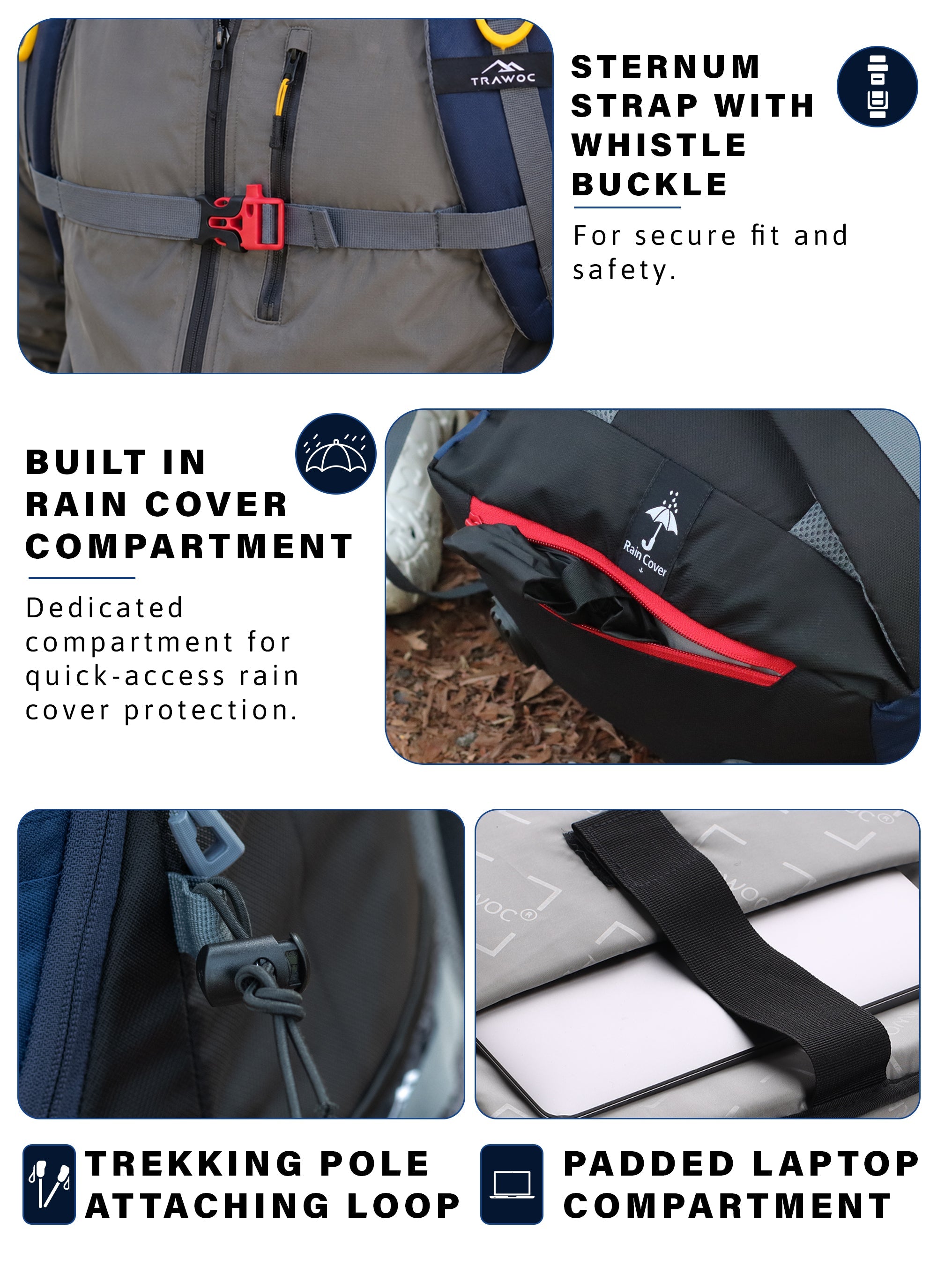 DYNAMITE 65L Travel Backpack with Rain Cover & Shoe Compartment - Navy Blue