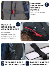 DYNAMITE 65L Travel Backpack with Rain Cover & Shoe Compartment - Navy Blue