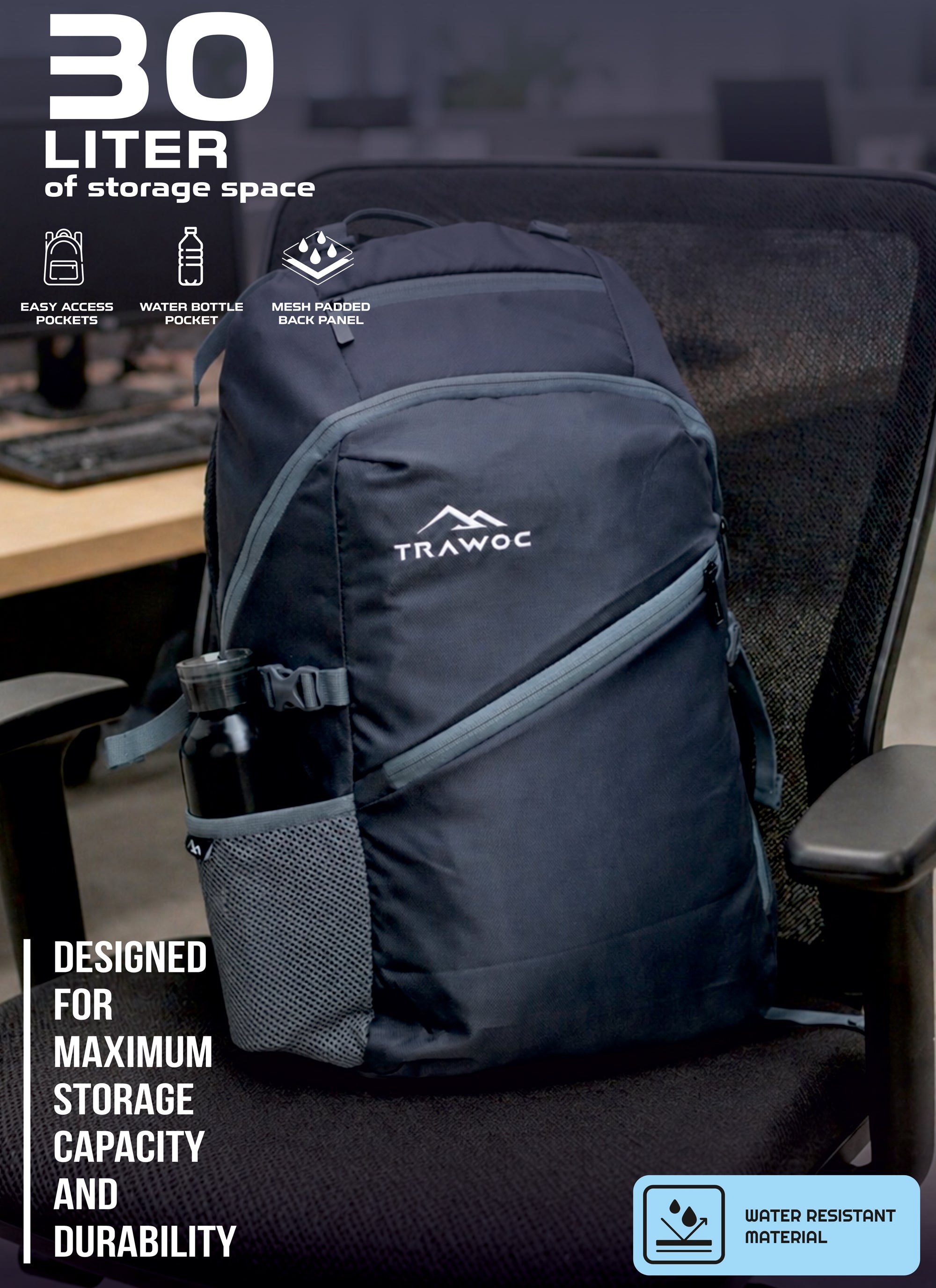 VIPER 30L Bag for Men and Women, Laptop Backpack with water resistant fabric - Grey