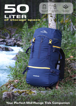 Hover 50L Backpack for Men & Women, Light weight with Multi-Pocket & Rain Cover - Navy Blue