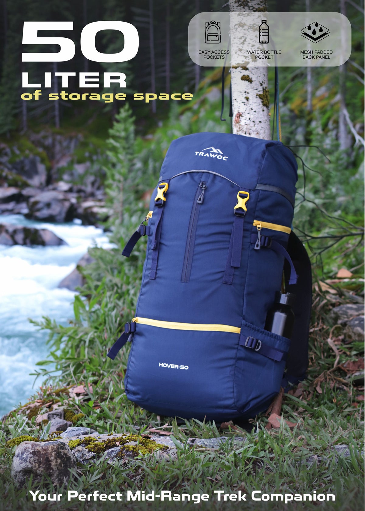 Hover 50L Backpack for Men & Women, Light weight with Multi-Pocket & Rain Cover - Navy Blue