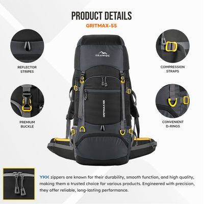 GRITMAX 55 L Front & Top Open Backpack for Hiking Trekking Bag for Men & Women with Rain Cover - Grey