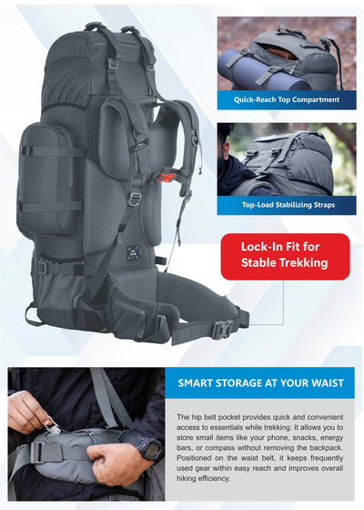 Wildwing 95L (80+15)  Bag for Hiking & Travel with Shoe Compartment & Water-Resistant-grey