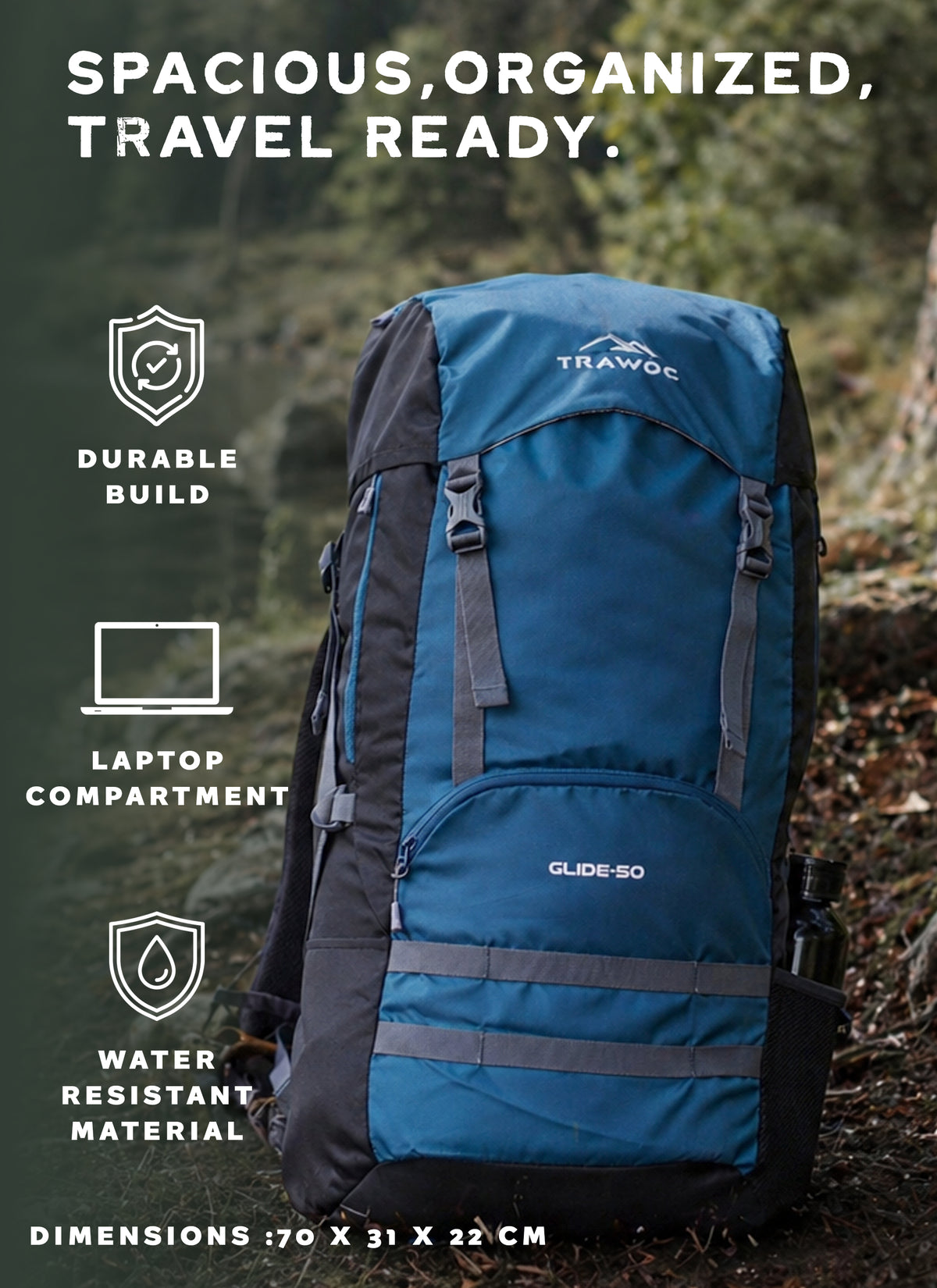 Glide 50 L Backpack featuring Water-Resistant Fabric & Lightweight with Rain cover - English Blue
