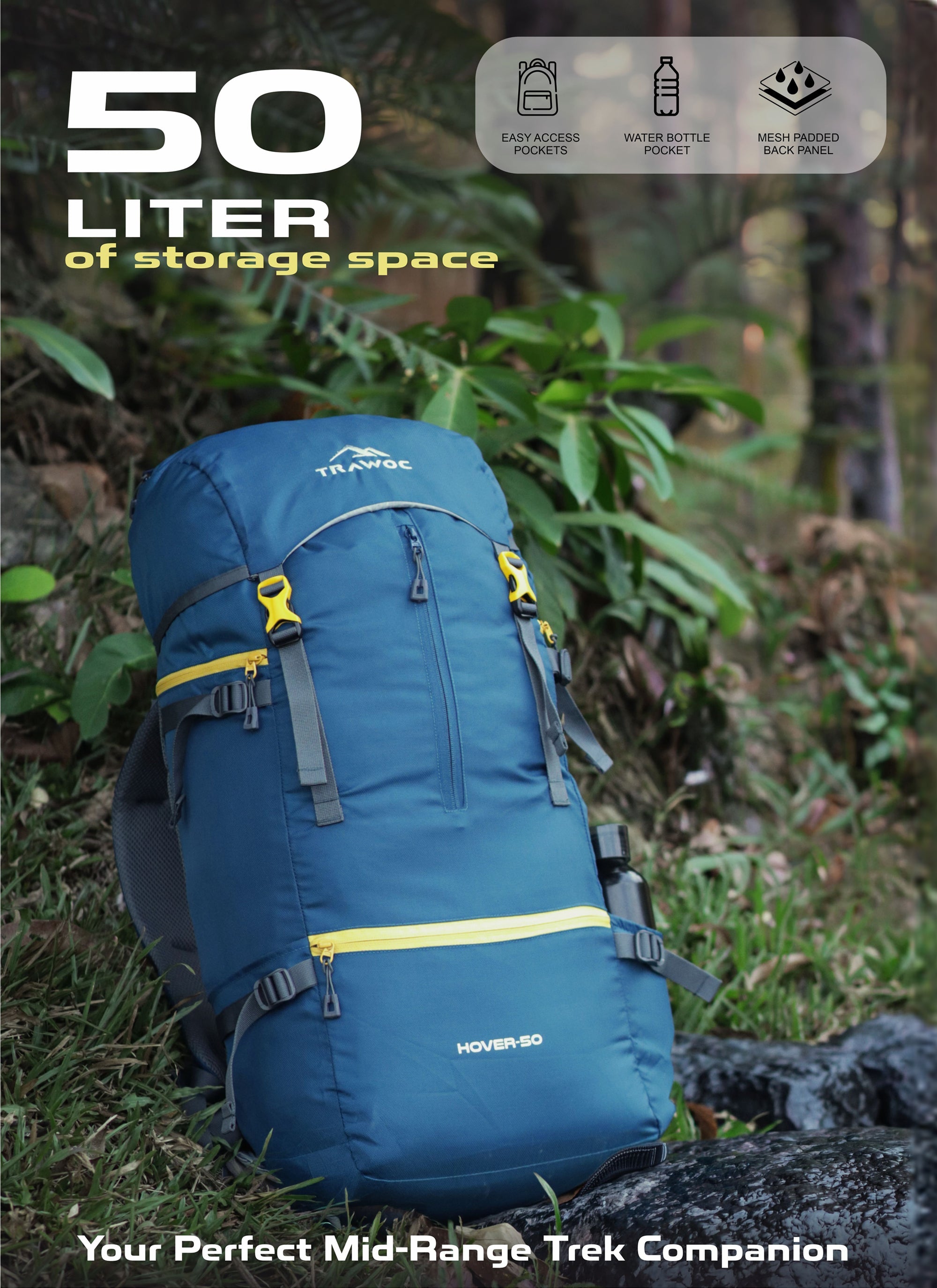 Hover 50L Backpack for Men & Women, Light weight with Multi-Pocket & Rain Cover