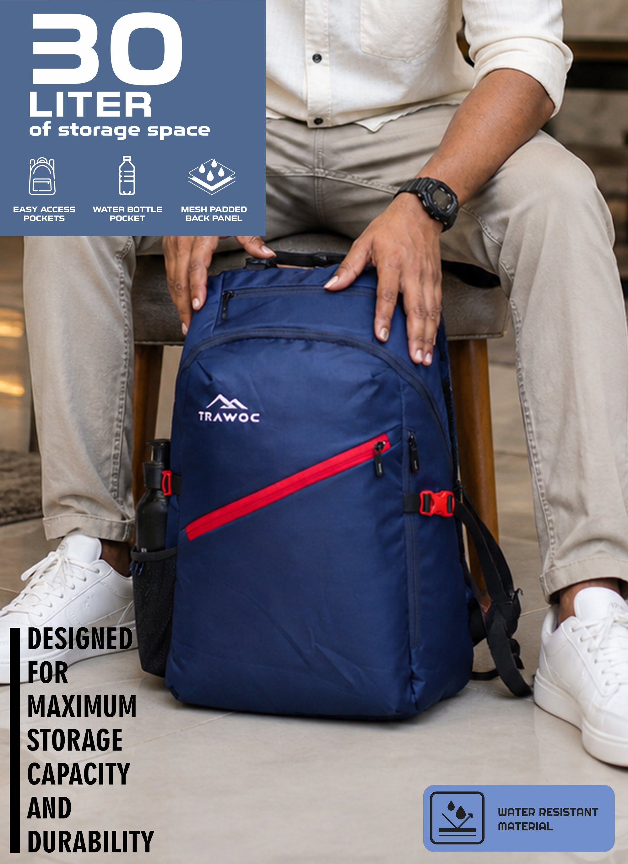 VIPER 30L Bag for Men and Women, Laptop Backpack with water resistant fabric - Navy Blue