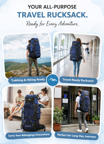 Trailmaster 80L Backpack for Hiking & Travel with Laptop Compartment & Multi-Pocket Design - NavyBlue