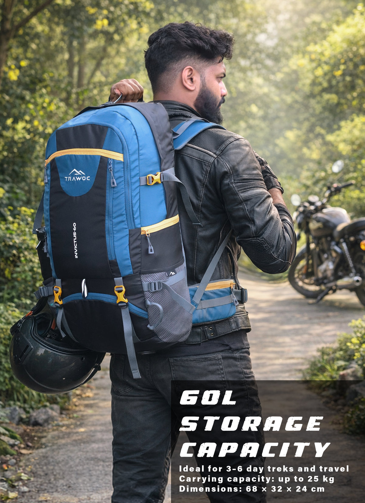 INVICTUS 60L Travel Backpack Hiking Bag for Men & Women with Rain Cover - English Blue