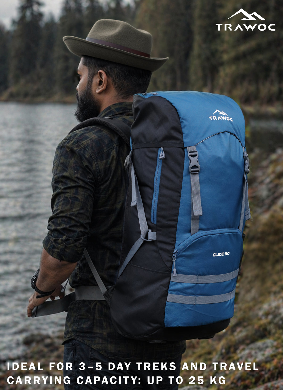 Glide 50 L Backpack featuring Water-Resistant Fabric & Lightweight with Rain cover - English Blue