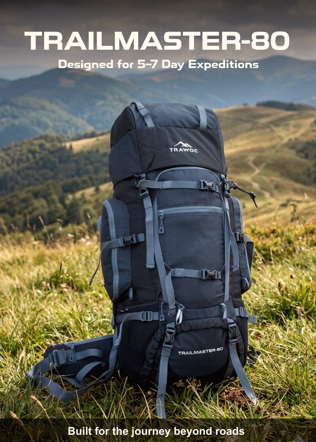 Trailmaster 80L Backpack for Hiking & Travel with Laptop Compartment & Multi-Pocket Design - Grey