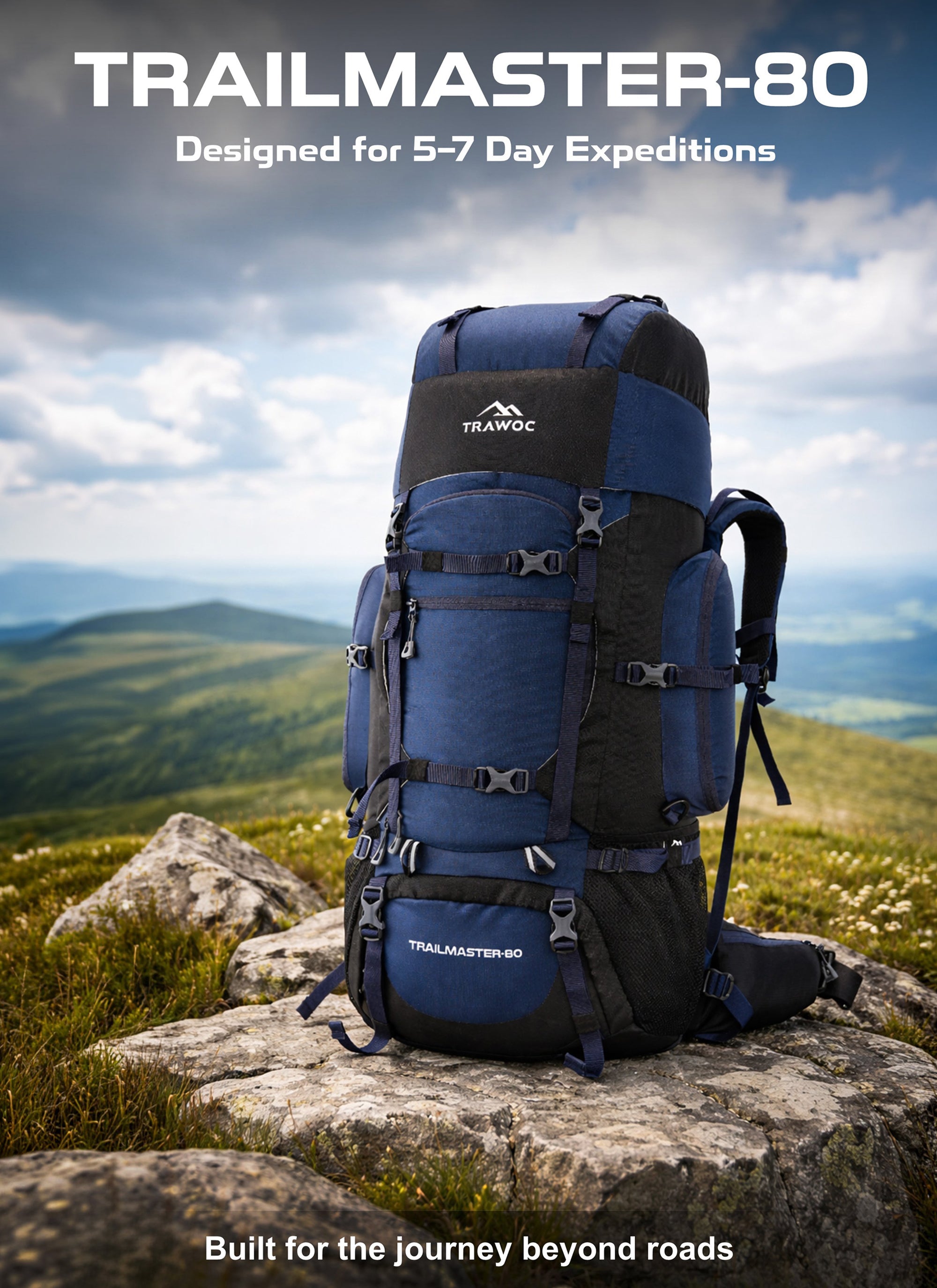 Trailmaster 80L Backpack for Hiking & Travel with Laptop Compartment & Multi-Pocket Design