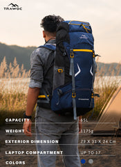 DYNAMITE 65L Travel Backpack with Rain Cover & Shoe Compartment - Navy Blue