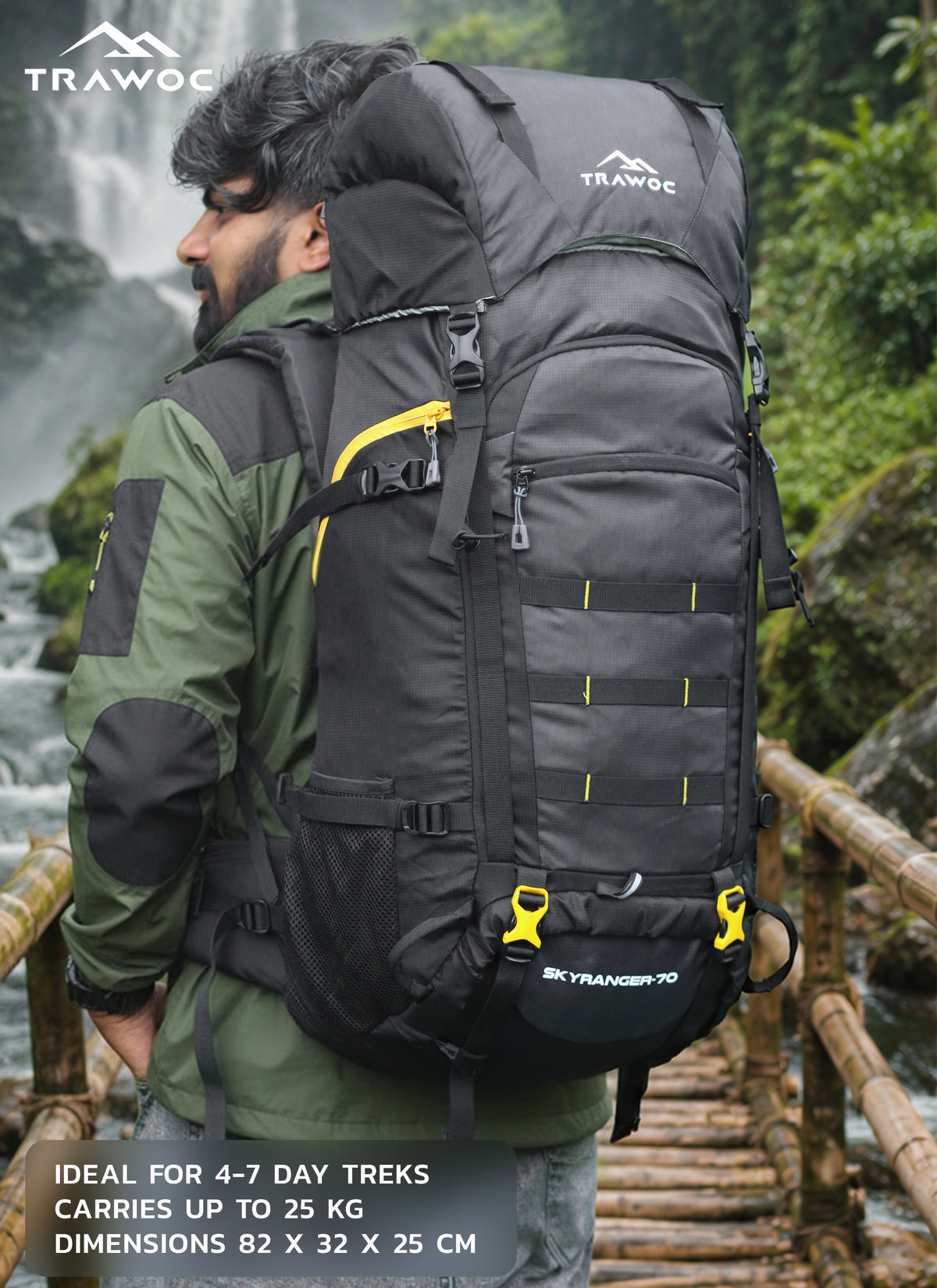Skyranger 70 L Rucksack for Hiking & Travel with Ergonomic Shoulder Straps & Internal metal frame - Grey