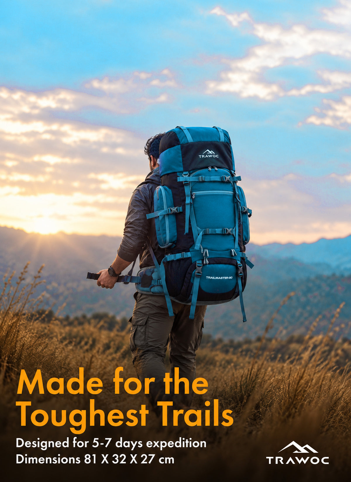 Trailmaster 80L Backpack for Hiking & Travel with Laptop Compartment & Multi-Pocket Design - SkyBlue