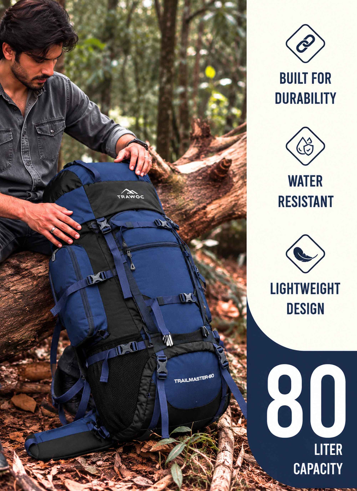 Trailmaster 80L Backpack for Hiking & Travel with Laptop Compartment & Multi-Pocket Design - NavyBlue