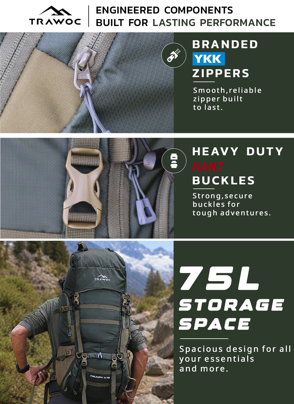 Triumph X 75 L Travel Backpack for Men & Women with Spacious Main Section & Shoe Compartment _ Hunter green