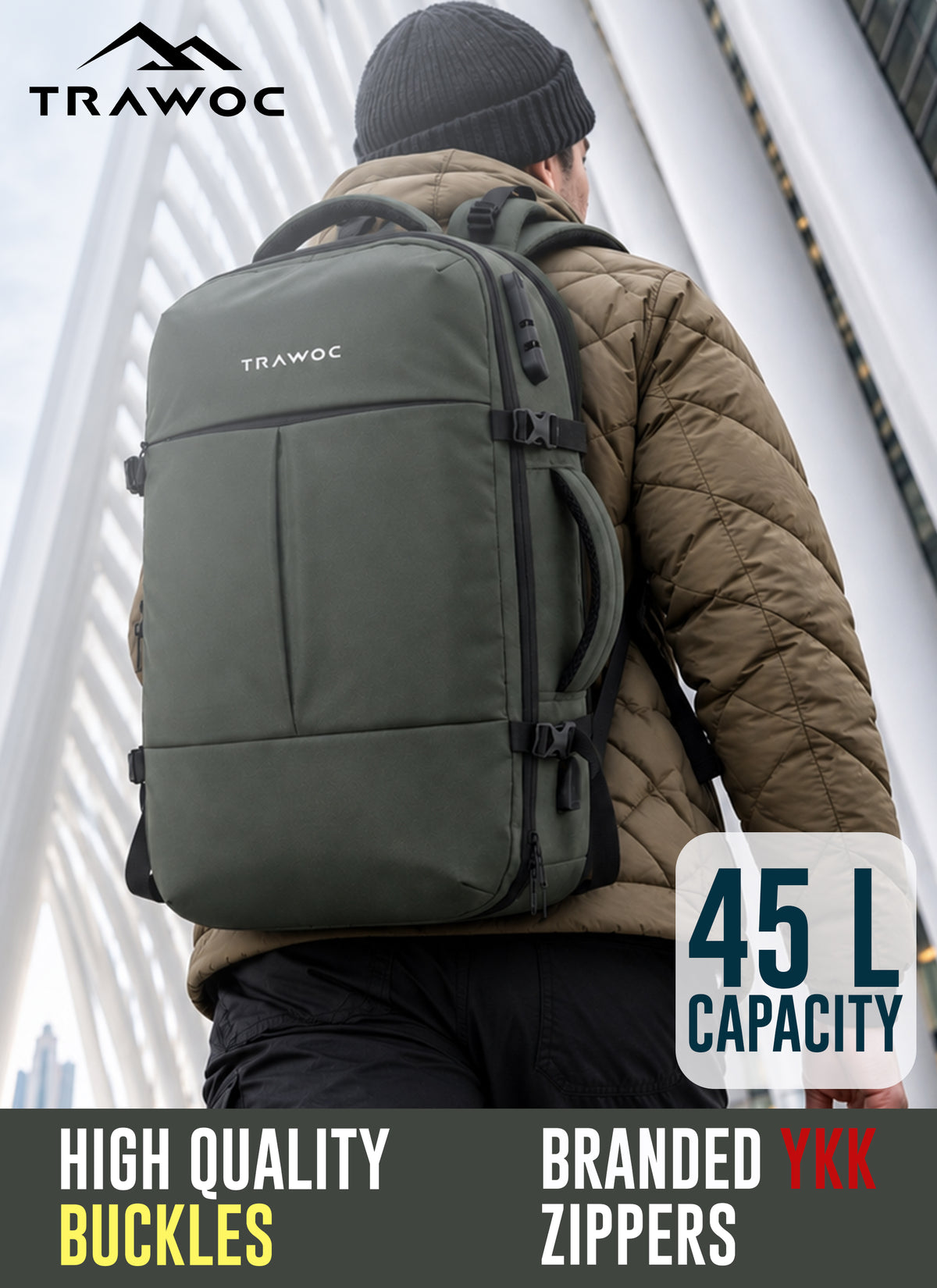 TPB01 - 45L Laptop Backpack with Expandable Storage, USB Charging & Suitcase-Style Opening- Uniform green