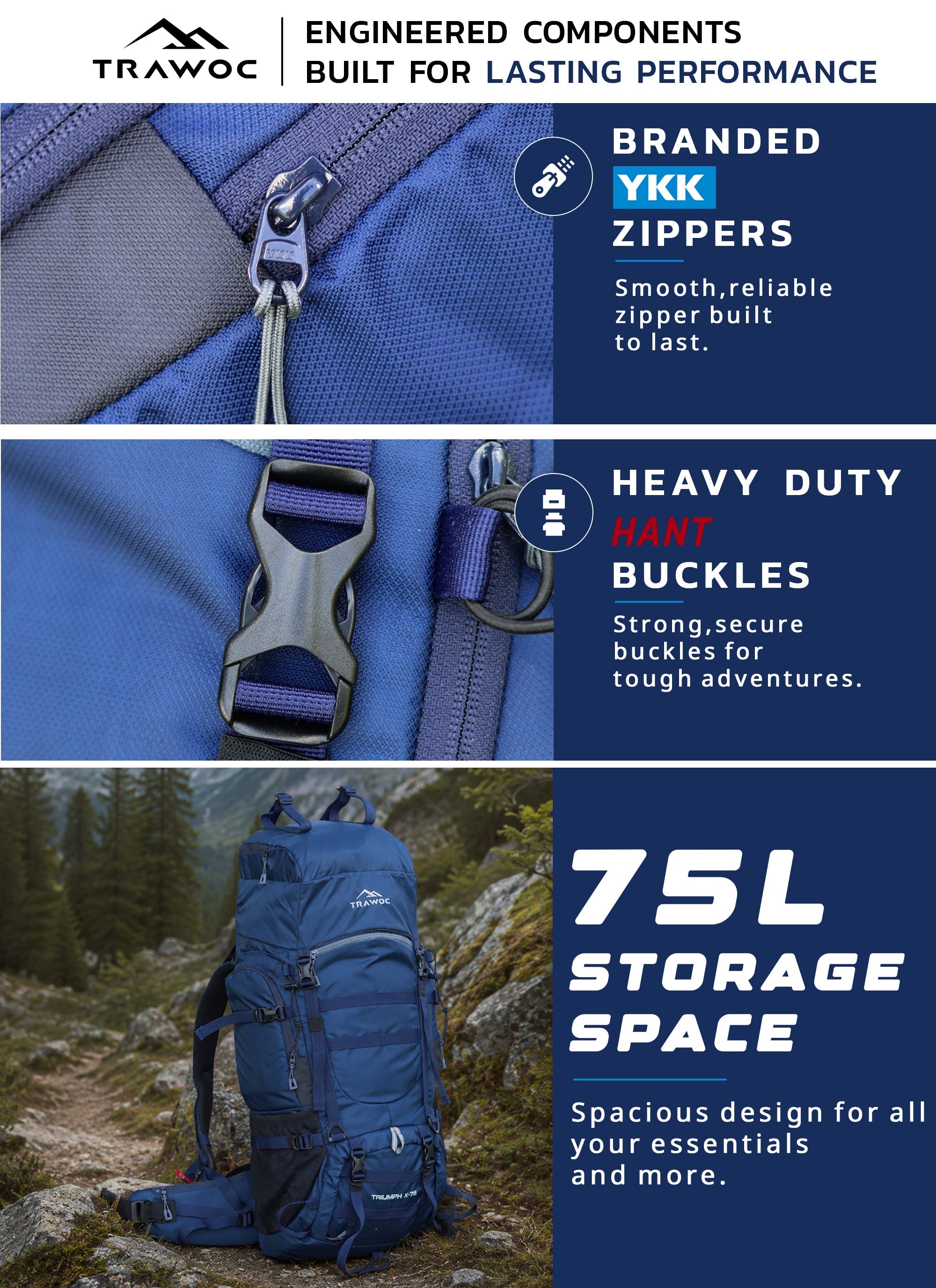 Triumph X 75 L Travel Backpack for Men & Women with Spacious Main Section & Shoe Compartment - Navy Blue