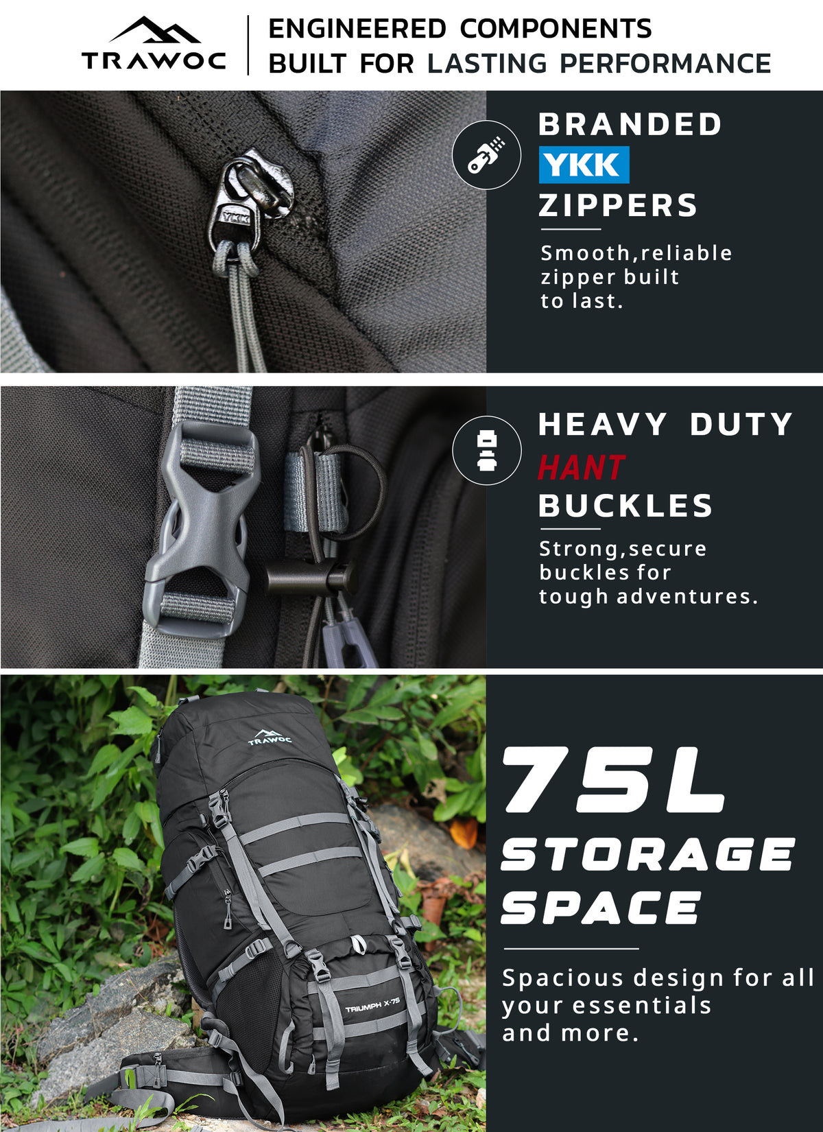 Triumph X 75 L Travel Backpack for Men & Women with Spacious Main Section & Shoe Compartment - Black