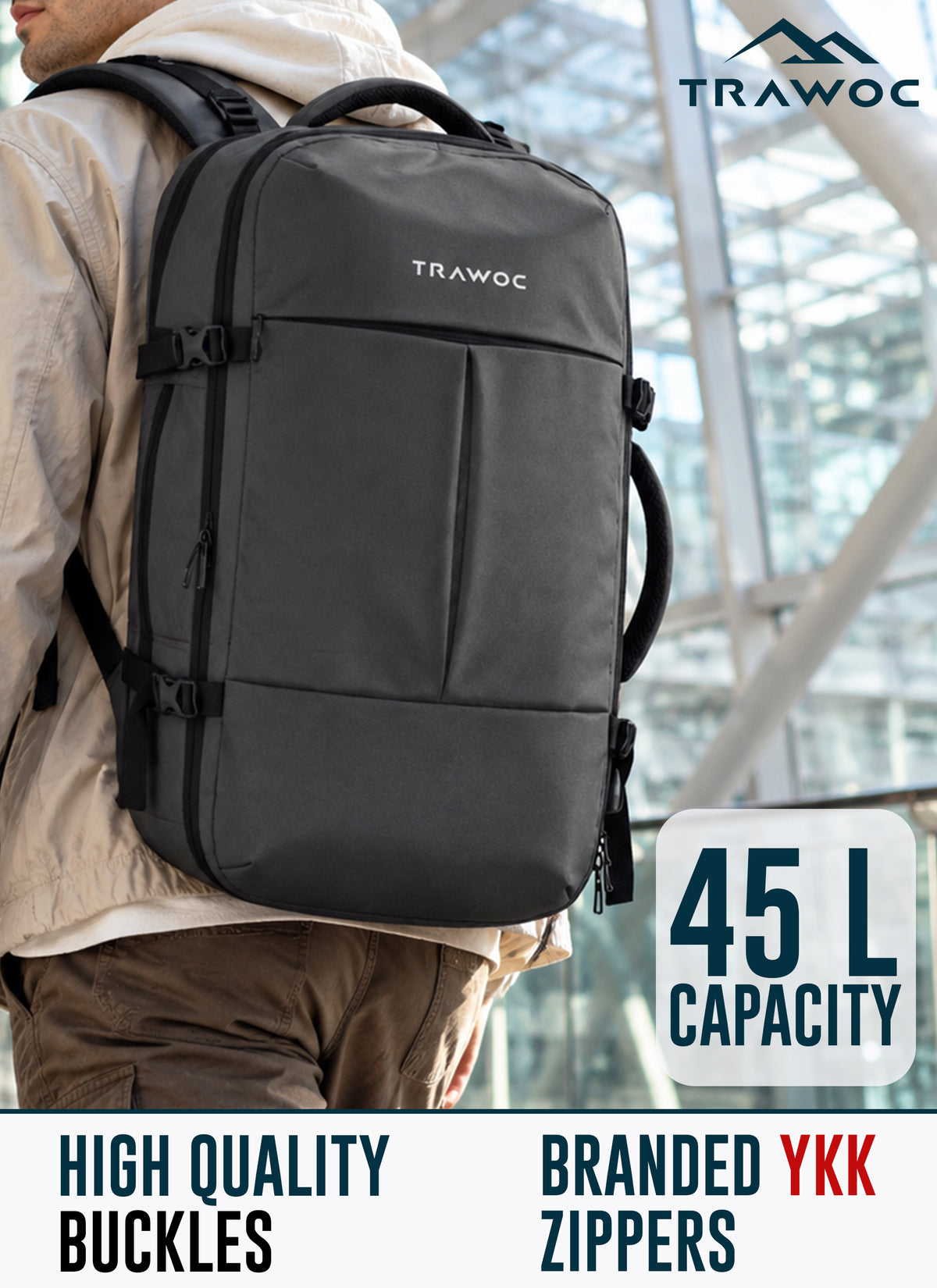 TPB01 - 45L Expandable Laptop Backpack with USB Charging & Suitcase-Style Opening - Grey