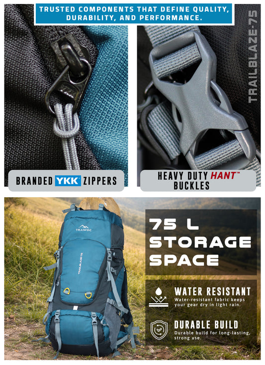 Trailblaze 75 L Trekking Bag with Rain Cover & Durable Zippers - English Blue