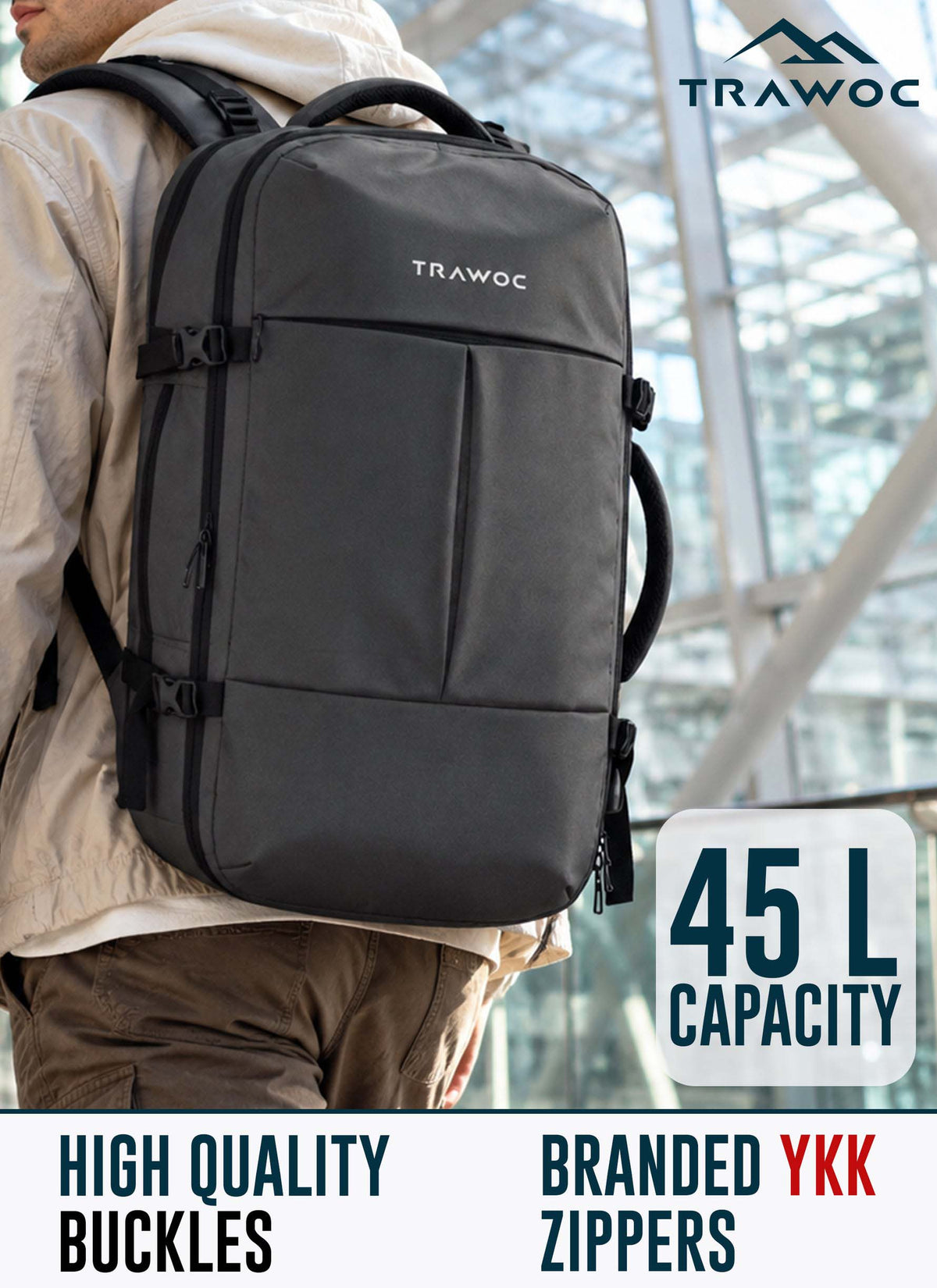 TPB01 - 45L Expandable Laptop Backpack with USB Charging & Suitcase-Style Opening - Grey
