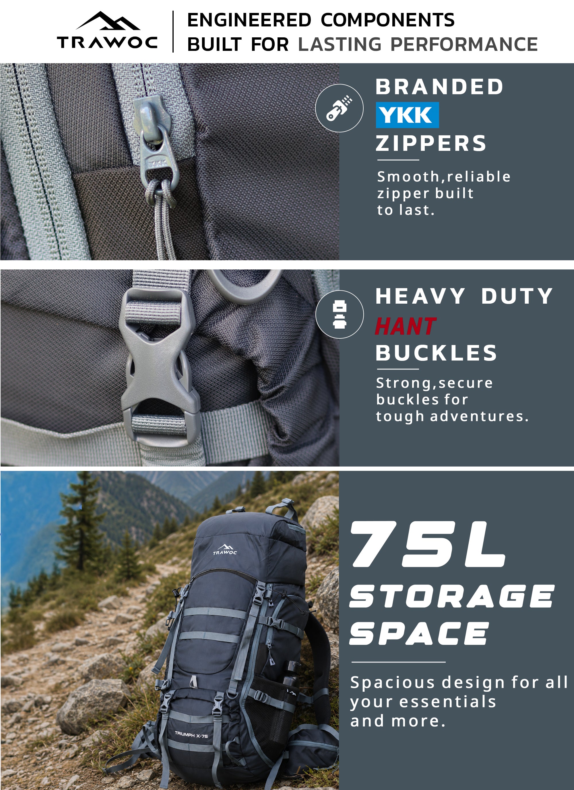 Triumph X 75 L Travel Backpack for Men & Women with Spacious Main Section & Shoe Compartment - Grey