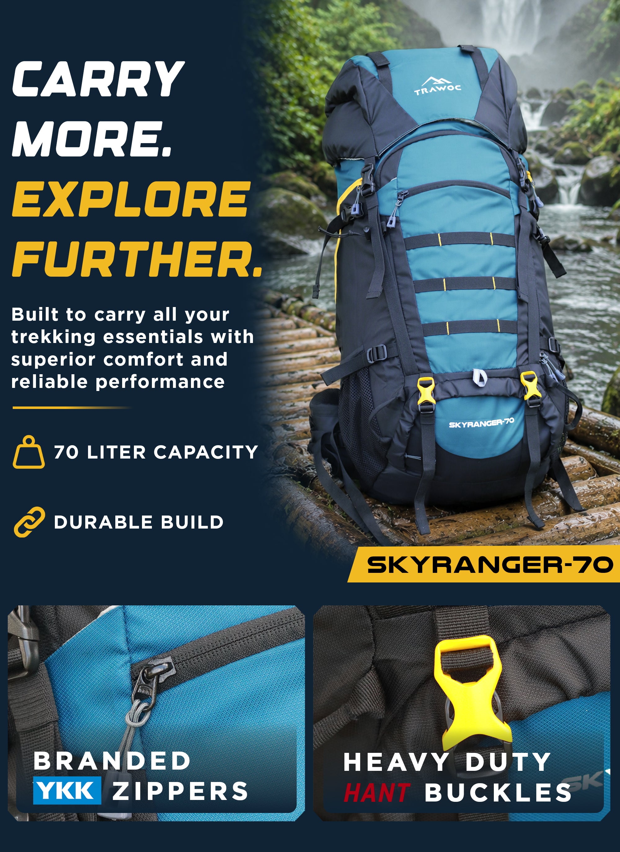 Trawoc Camping Backpack (70Ltr) | With Water Proof Rain Cover