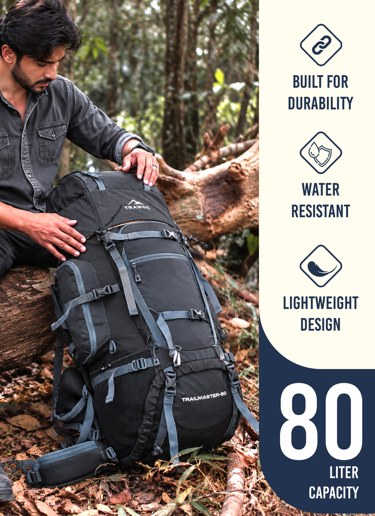 Trailmaster 80L Backpack for Hiking & Travel with Laptop Compartment & Multi-Pocket Design - Grey