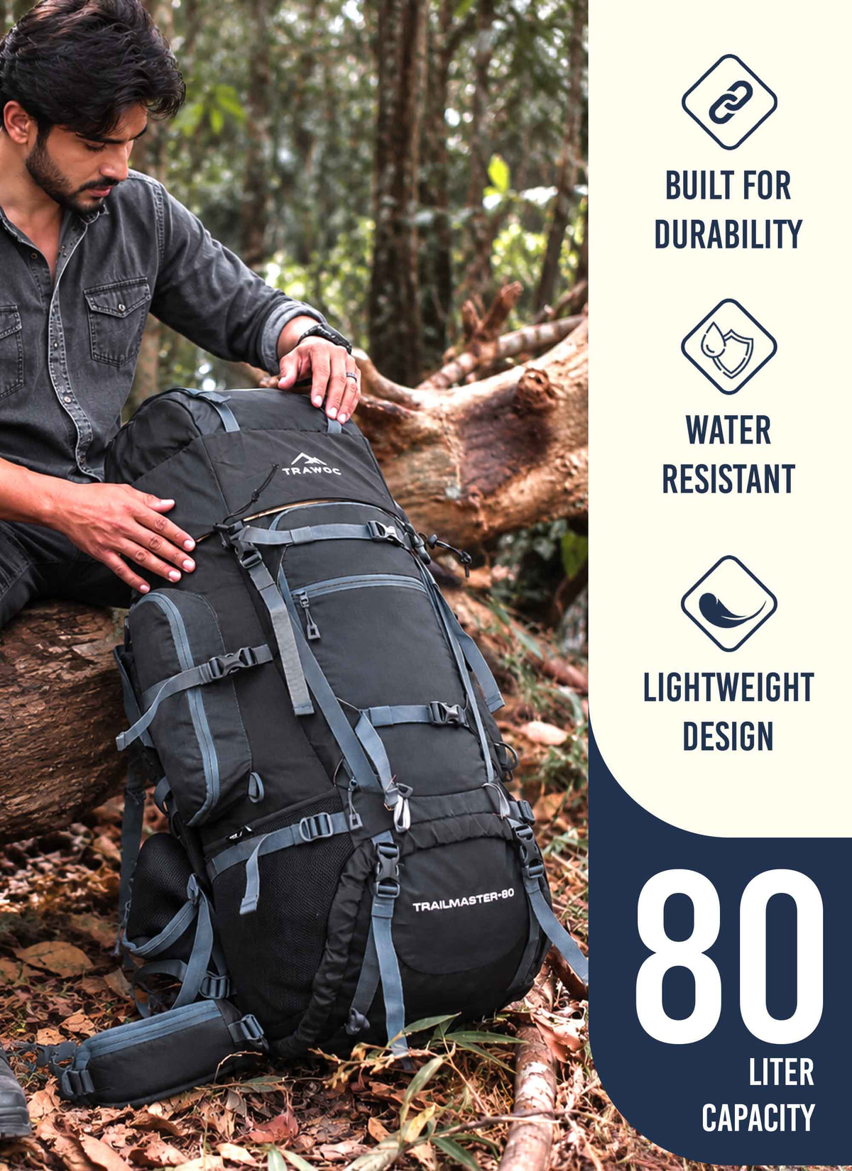 Trailmaster 80L Backpack for Hiking & Travel with Laptop Compartment & Multi-Pocket Design - Grey