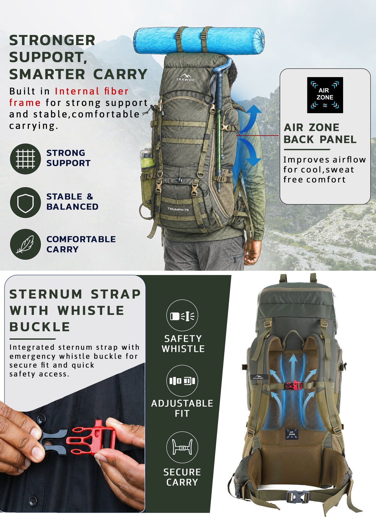 Triumph X 75 L Travel Backpack for Men & Women with Spacious Main Section & Shoe Compartment _ Hunter green