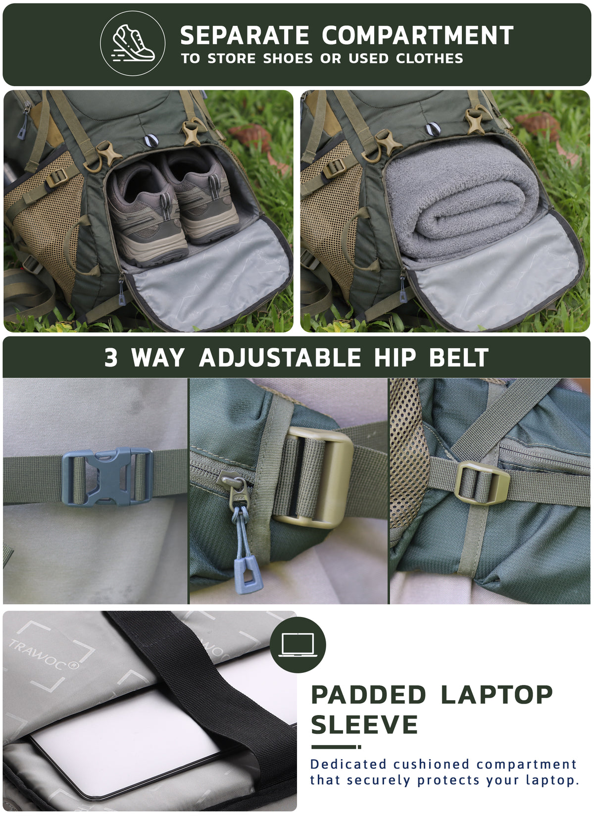 Triumph X 75 L Travel Backpack for Men & Women with Spacious Main Section & Shoe Compartment _ Hunter green