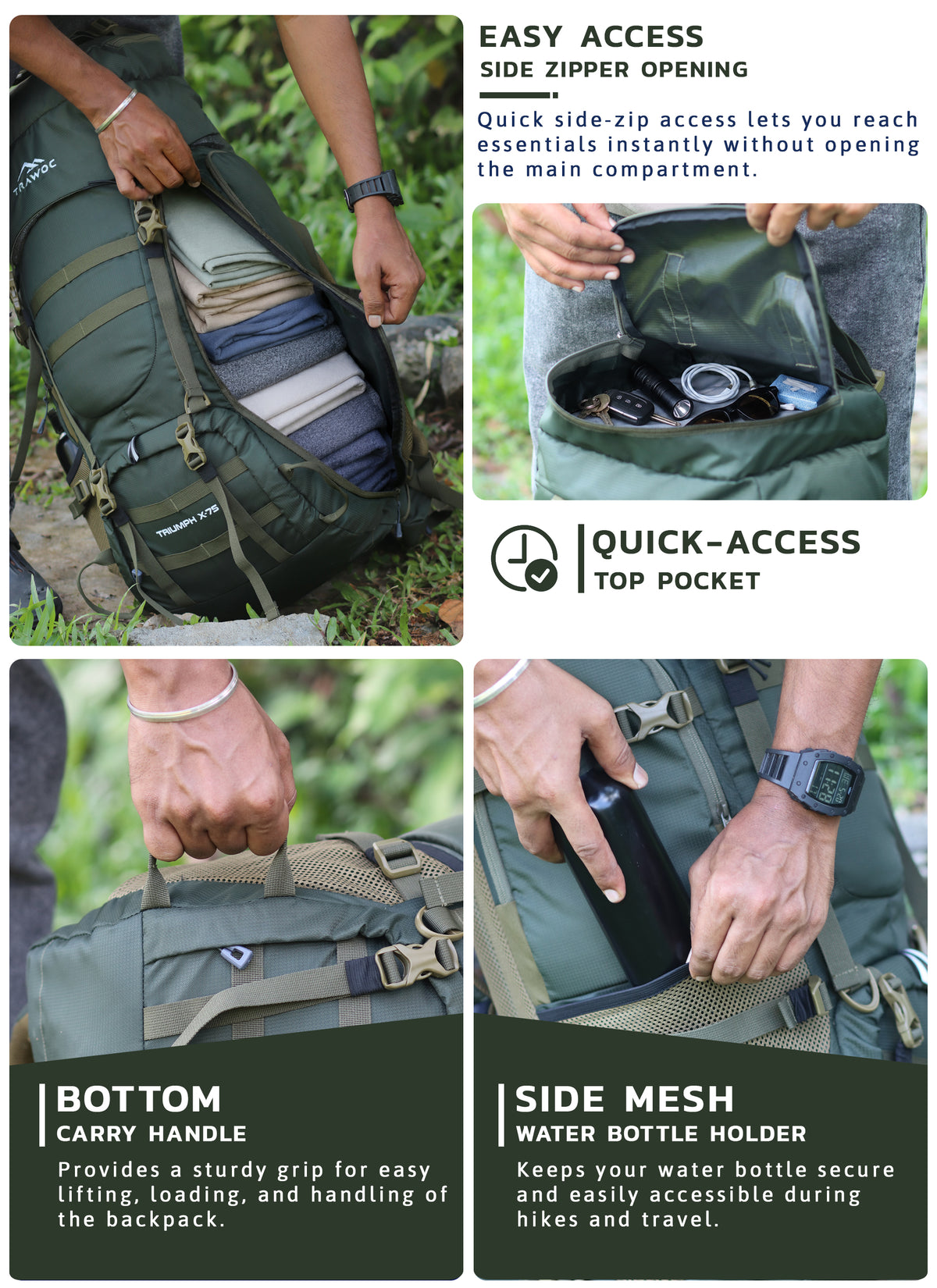 Triumph X 75 L Travel Backpack for Men & Women with Spacious Main Section & Shoe Compartment _ Hunter green