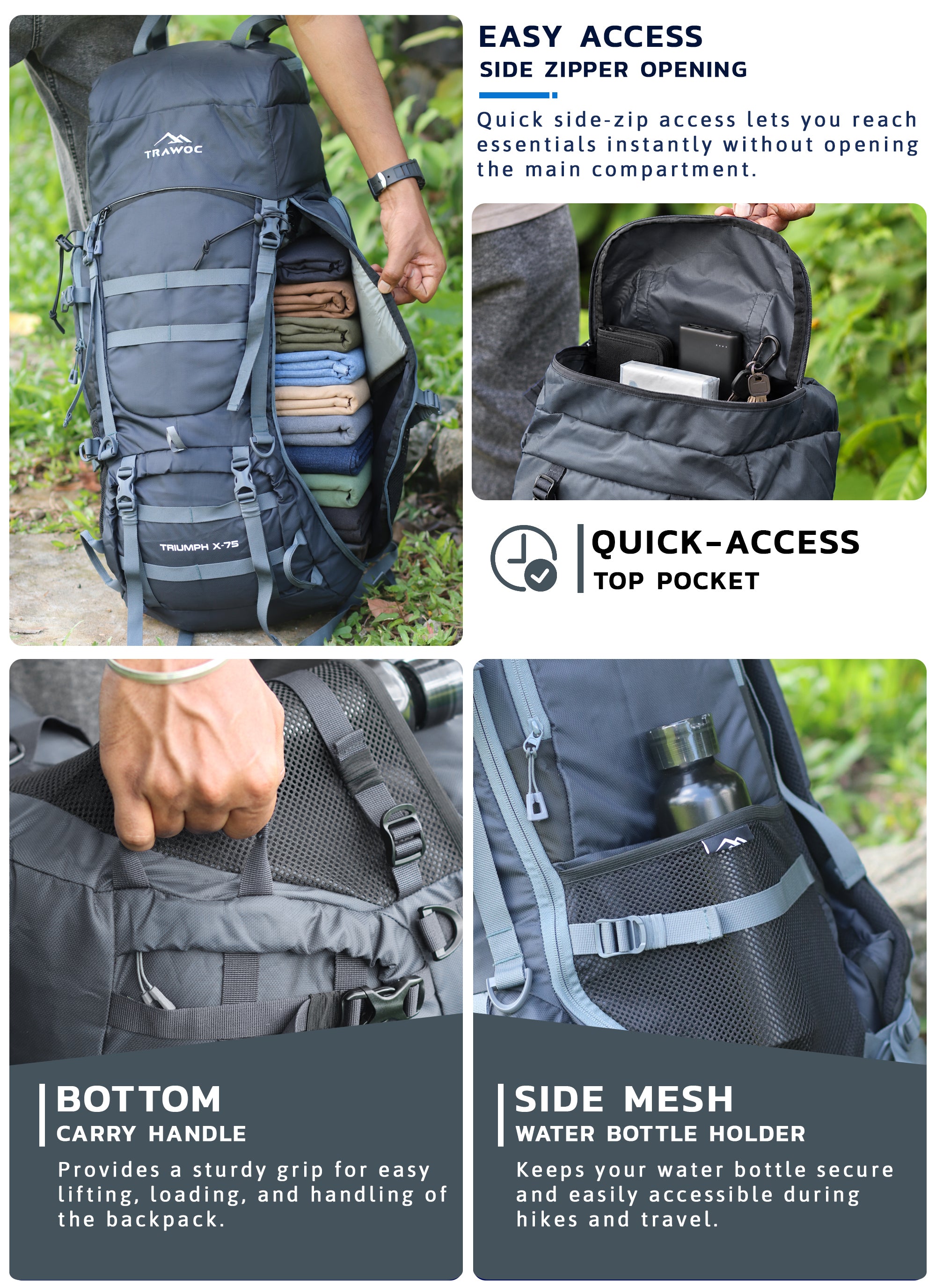Triumph X 75 L Travel Backpack for Men & Women with Spacious Main Section & Shoe Compartment - Grey