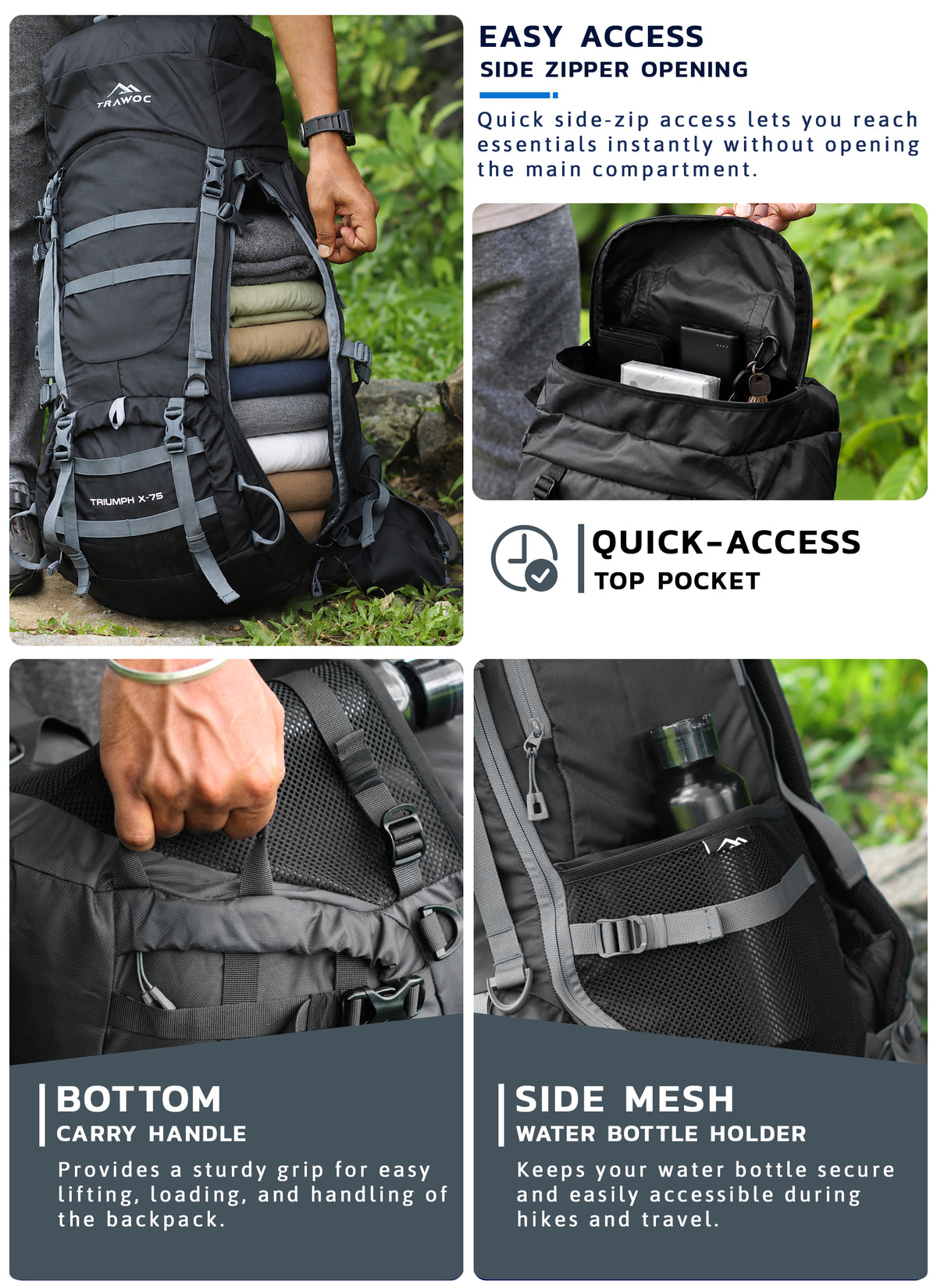 Triumph X 75 L Travel Backpack for Men & Women with Spacious Main Section & Shoe Compartment - Black