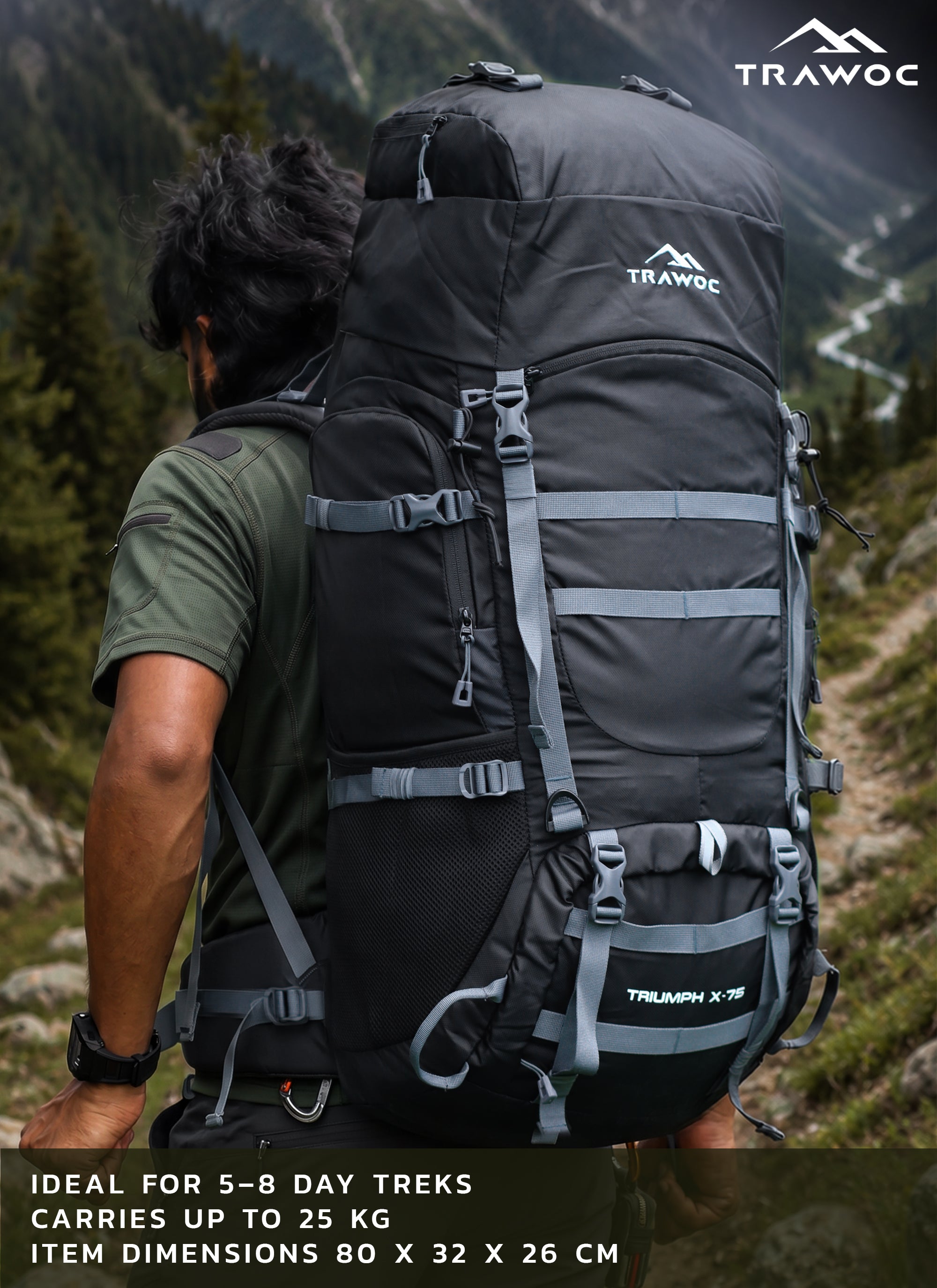 Trawoc Camping Backpack (75Ltr) | With Shoe Compartment & Rain Cover